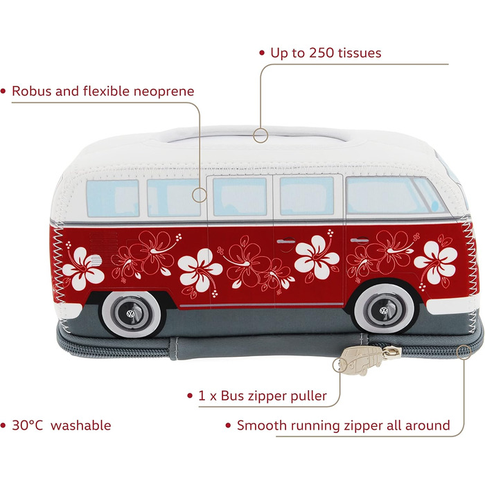 Тримач для серветок та паперових рушників BRISA VW Collection у дизайні Volkswagen T1 Bulli Bus, неопрен, червоний з гібіскусом, 24 см
