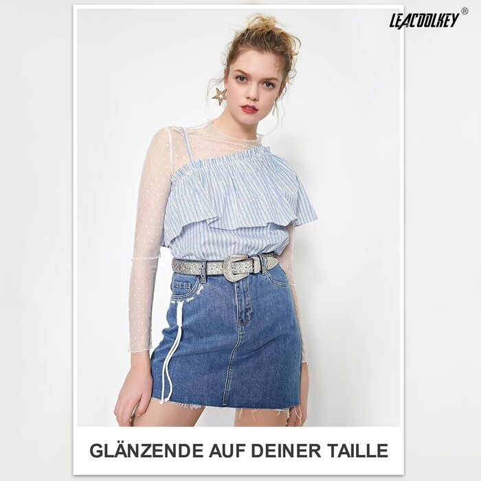 Жіночий ремінь LEACOOLKEY в стилі вестерн, з шипами та пряжкою, PU шкіра, сріблястий (L)