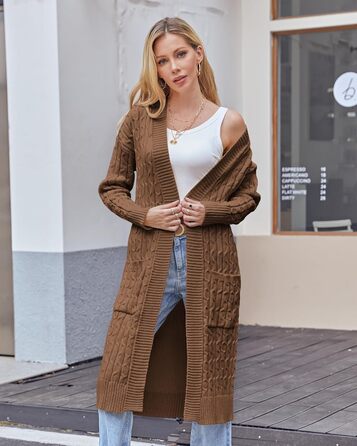 Жіночий в'язаний кардиган Saodimallsu Strickjacke: довгий, об'ємний, з кишенями, світло-зелений (колір: коричневий, розмір: S)