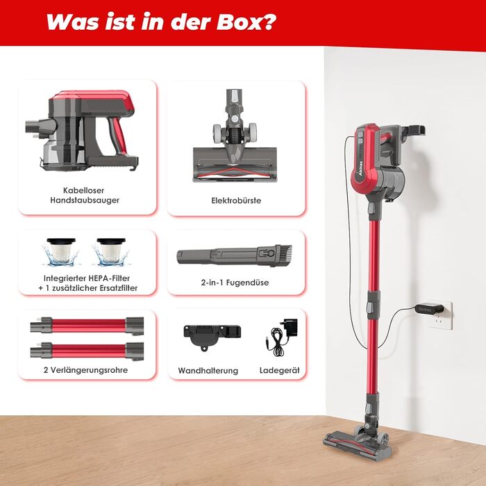 Акіта Бездротовий пилосос 30V 450W з акумулятором до 50 хвилин роботи, 3 режими всмоктування, ручний та стійкий, безщітковий цифровий двигун, літієва батарея, для килимів та шерсті тварин (V10A)