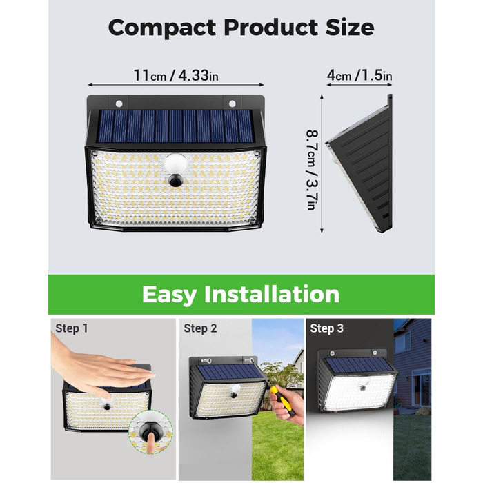 nipify Сонячна LED лампа з датчиком руху, 168 LED, 6 шт, IP65, 3 режими, тепле світло, для зовнішнього освітлення саду і стін