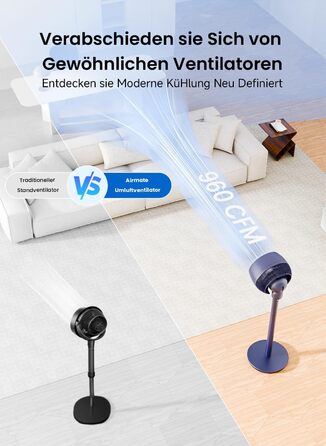 Вентилятор AIRMATE 25dB з підставкою, тихий, висока потужність 26 м, 1600 м³/год, регульована висота, з пультом керування, 3 режими/12 швидкостей/12 таймер