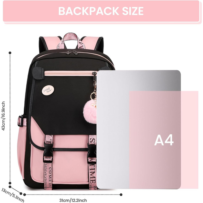 Рюкзак для дівчинки-підлітка, 3-5 клас, модний шкільний рюкзак з брелоком та ручкою-телескопом, рожевий