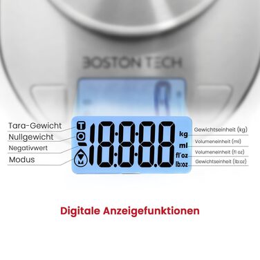 Електронні кухонні ваги Boston Tech HK110 з чашею зі сталі, висока точність, до 5 кг, водонепроникні, LCD-дисплей, функція тари та книга рецептів