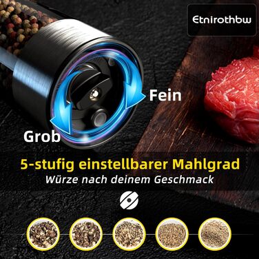 Електричний набір для солі та перцю з нержавіючої сталі, 2 шт., автоматичний, перезаряджається, 5 ступенів помелу, 95 мл, LED-підсвічування, Type-C, база для зберігання