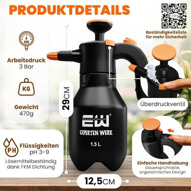Професійний розпилювач ExpertenWerk 1,5 л – преміум помповий обприскувач з регульованою насадкою, стійкий до хімікатів, не протікає, для авто, саду, прибирання та майстерні, з аксесуарами