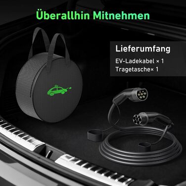 Кабель зарядки Type 2 (Mennekes) 11кВт, 5м, 16A, 3-фазний, IP67: для електромобілів, з сумкою. Підходить для Tesla Model S/3/X/Y, Volkswagen ID.3, ID.4