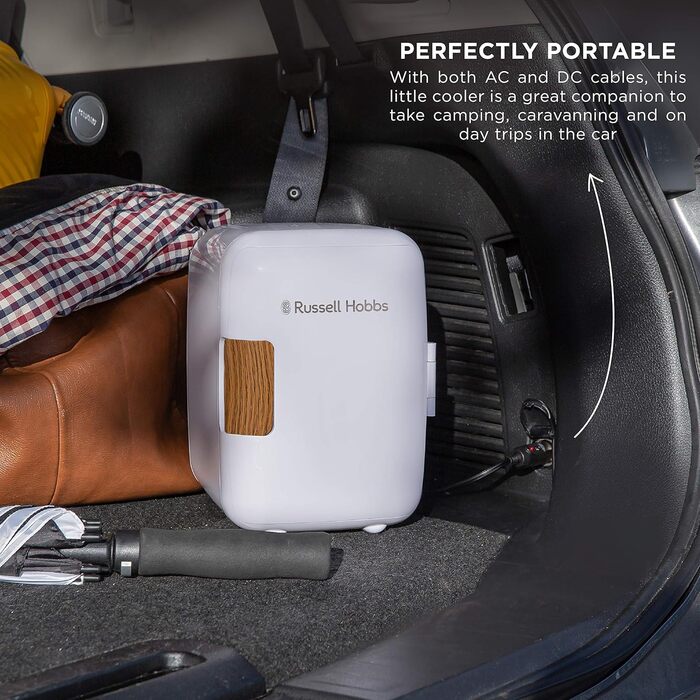 Russell Hobbs Mini Portable Cooler & Warmer - Drink, Beauty & Skincare - AC/DC - Scandi Style White & Wood Effect