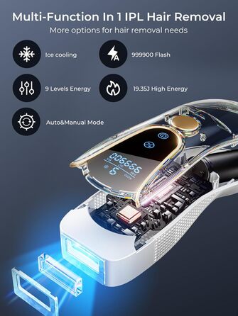 Пристрій для епіляції IPL Laser - безболісна епіляція з охолодженням, 3 функції, 9 рівнів, 600 нм, для жінок та чоловіків, для тіла, бікіні, ніг, пахв, білий