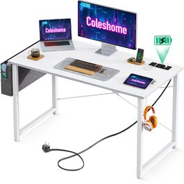 Комп'ютерний стіл Coleshome 100x48 см з розетками, тримачем для навушників та кишенькою для зберігання. Білий офісний/ігровий стіл для дому та офісу.