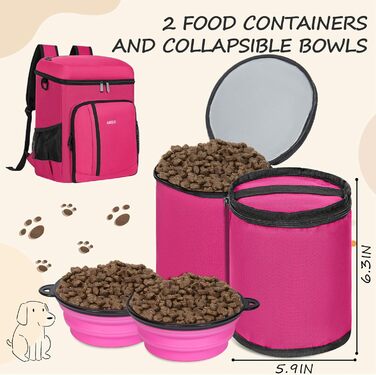 Рюкзак для собак ANILD: рюкзак-переноска для подорожей з TSA, 2 контейнери для корму, 6 силіконових мисок, органайзер для подорожей, кемпінгу, для власників собак (Рожевий)