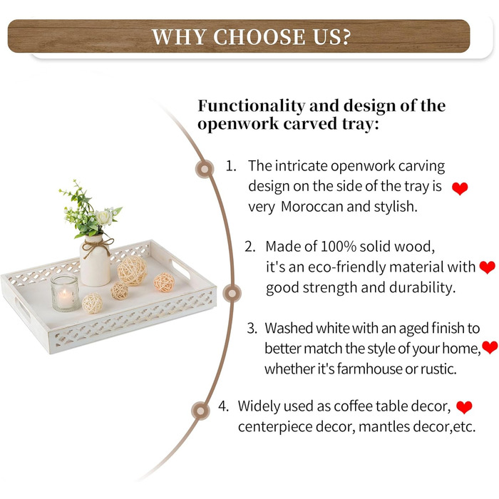 Hanobe Serving Tray Wooden Tray Decor Tray: Rectangular farmhouse decor tray wood white with handle white candle tray for coffee table tealight kitchen table