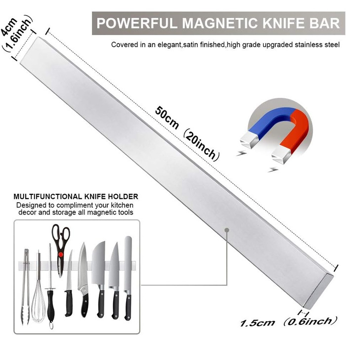 Ninonly Magnetic Knife Strip Magnetic Knife Holder Self-Adhesive 50cm (20inch) Stainless Steel Knife Rail Magnet Without Drilling Magnetic Knife Rail Wall Mount for Kitchen, Office, Workshop
