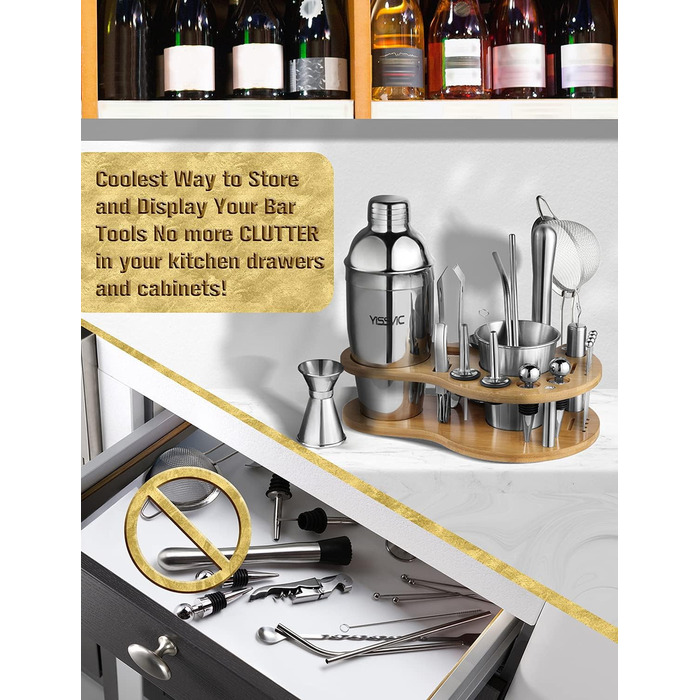 Набір для коктейлів YISSVIC 22 частини: шейкер, мірні склянки, ложка, наливник, підставка з бамбука. Подарунок для професіоналів та початківців