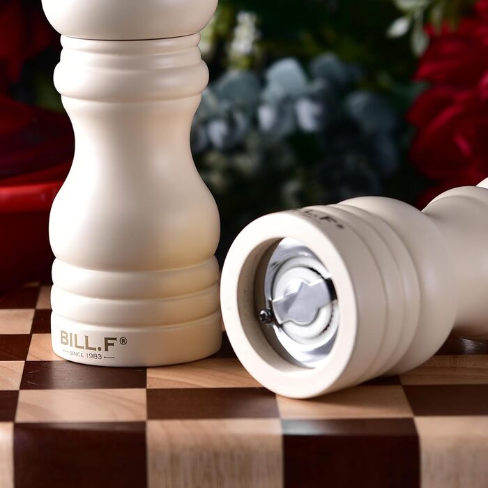 Набір для солі та перцю Bill.F, 2 шт., дерев'яні, ручні, з регульованим керамічним жорном, 13,5 см (чорний та кремовий)