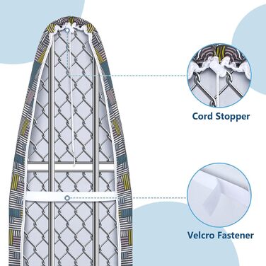 Чохол для прасувальної дошки Cozary 125 x 45 см, бавовна, для парогенератора та праски, стійкий до високих температур (210°C), блакитно-сірий в клітинку