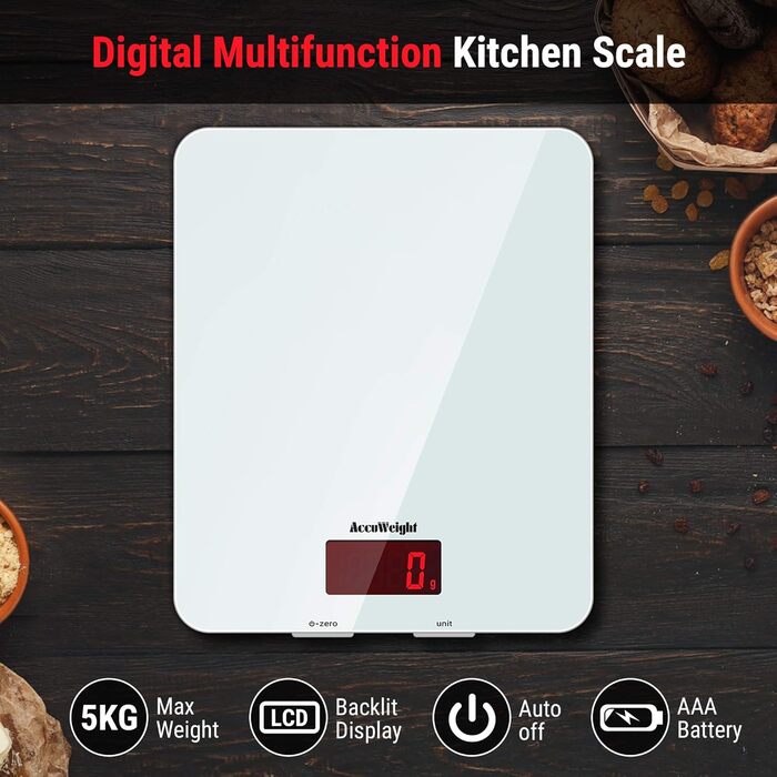 Кухонні ваги ACCUWEIGHT 5 кг з LCD-дисплеєм з міцного скла, функція тарування, для випічки, приготування їжі, ювелірних виробів, з вагою, автоматичне вимкнення