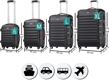Набір валіз ABS S-M-L-XL з кодовим замком, телескопічною ручкою та 4 колесами, робусний дорожній набір, ручна поклажа (Чорний)
