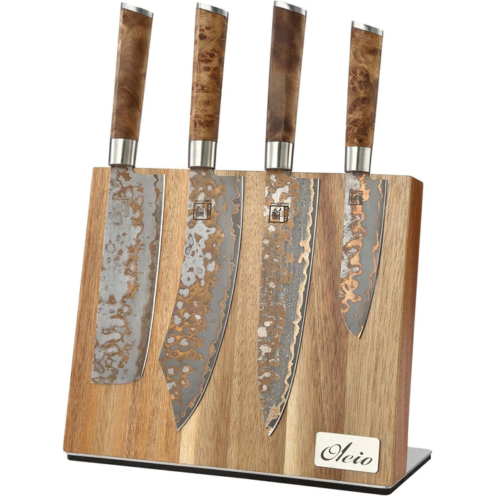 Magnetic knife block made of solid acacia wood, 3.80 cm thick, with a stainless steel base, magnetic knife holder for up to 6 knives, wooden knife storage, kitchen knife block without knives