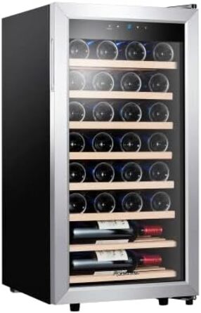 Kalamera 28-Bottle Wine Refrigerator - 86 Liter Capacity, Stainless Steel & Glass Door, 5-18°C Cooling Zone, Removable Wooden Shelves