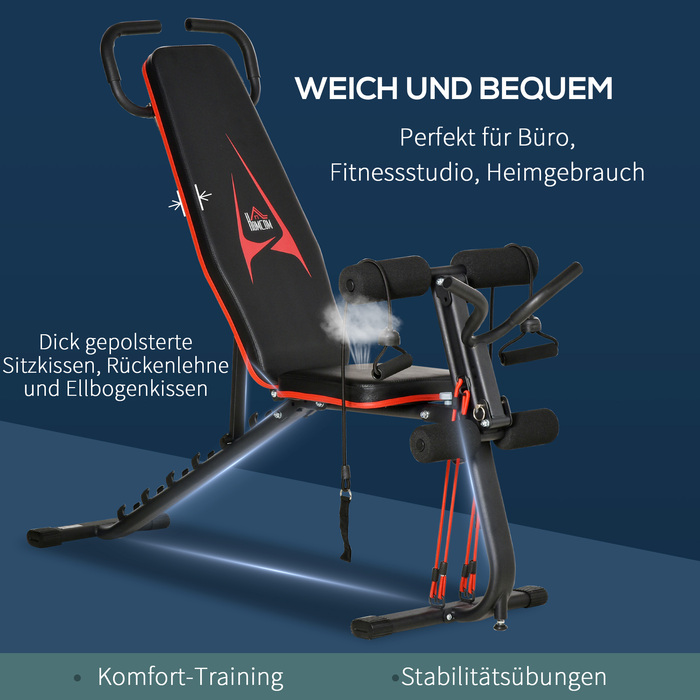 HOMCOM Weight Bench, up to 150 kg, 145 x 49 x 57-127 cm, adjustable training bench with elastic ropes, sit-up bench, 6 backrest levels | Aosom