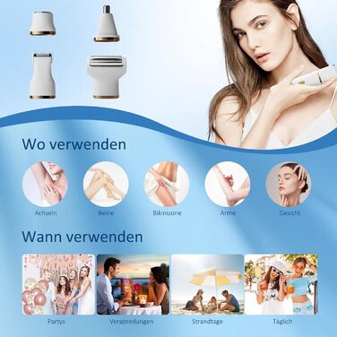 Електричний жіночий тример Jianyana 5-в-1 для тіла та обличчя, водонепроникний IPX7, для ніг, обличчя, пахв, носа та брів. Змінні насадки.