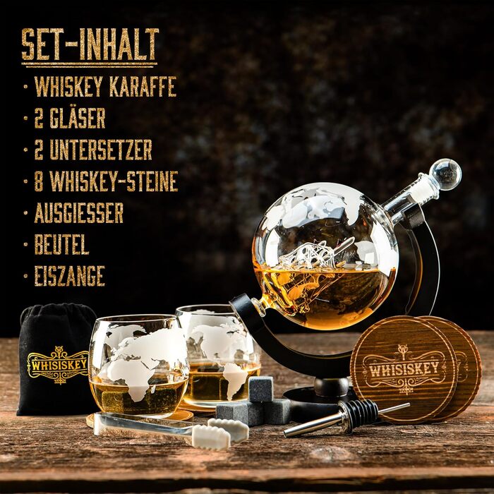 Whiskey Carafe Set - Whiskey Gift Set - Gifts for Men - Men's Gifts Gift - Birthday Gift for Men - Globe Decanter 900ML, Gift Box, 2 Whiskey Glasses, 8 Whiskey Stones