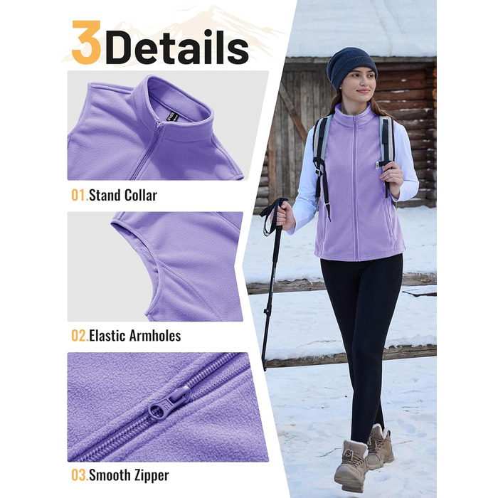TACVASEN жіноча флісова жилетка для активного відпочинку, тепла жилетка з блискавкою та кишенями, спортивна жилетка для жінок (L, світло-фіолетовий)