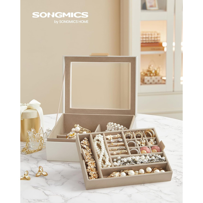 SONGMICS Шкатулка для прикрас зі скляною кришкою, біла, 2 яруси, подарунок, JBC238W01 Wolkenweiß + Metallisches Gold