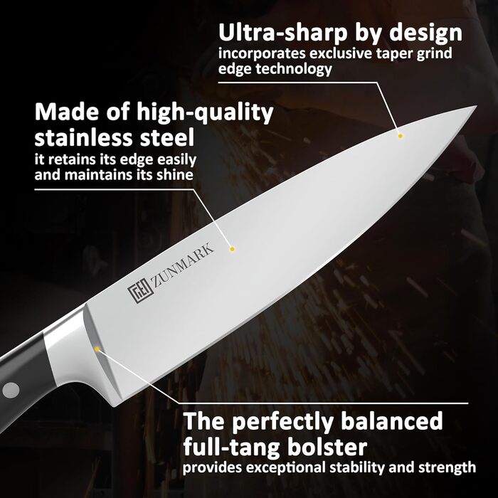 Набір ножів у блоці 13 предметів з нержавіючої сталі з ергономічними ручками, кухонний набір ножів, дерев'яний блок з шкіряним ремінцем