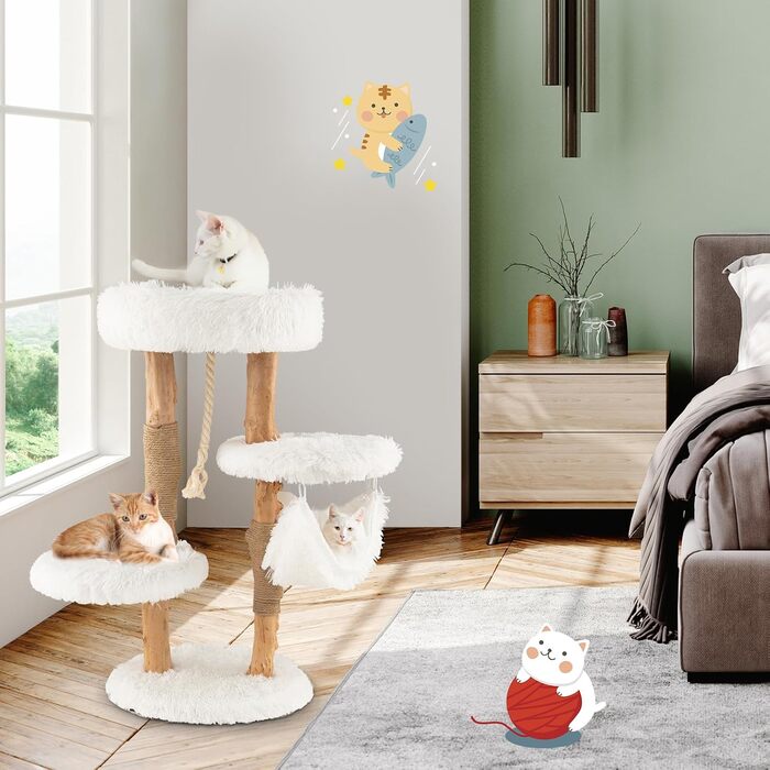 Кігтеточка для котів COSTWAY 87 см з гамаком, джутовим покриттям та м'якими сидіннями, дерев'яний кігтеточний комплекс, білий, 2 стовпчики