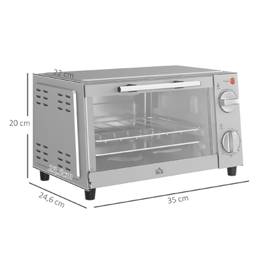 HOMCOM 9L Mini Oven with Baking Tray, Grill Rack, 100°C-230°C, with Adjustable Temperature and Cooking Time, 60 Min. Timer, 750W, Stainless Steel, Silver | Aosom