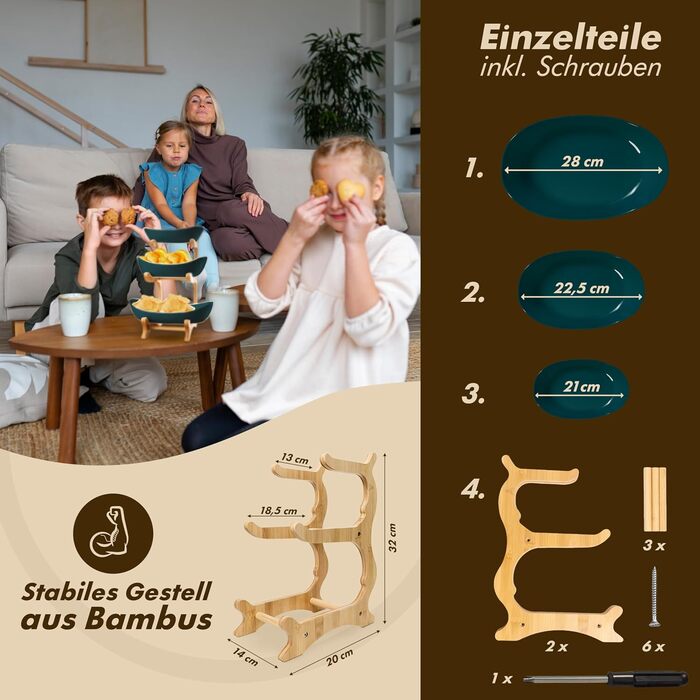 Керамічна фруктова тарілка на бамбуковому підставці, 3 яруси, для фруктів, закусок, випічки, стильна, сучасна, зелена