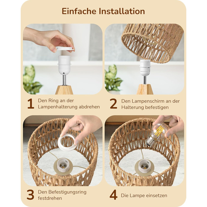 LED настільна лампа EDISHINE з абажуром з ручної роботи, дерев'яною ніжкою, тепле світло 2700K, бохо-стиль, для спальні, вітальні, готелю, з лампочкою E27 4W