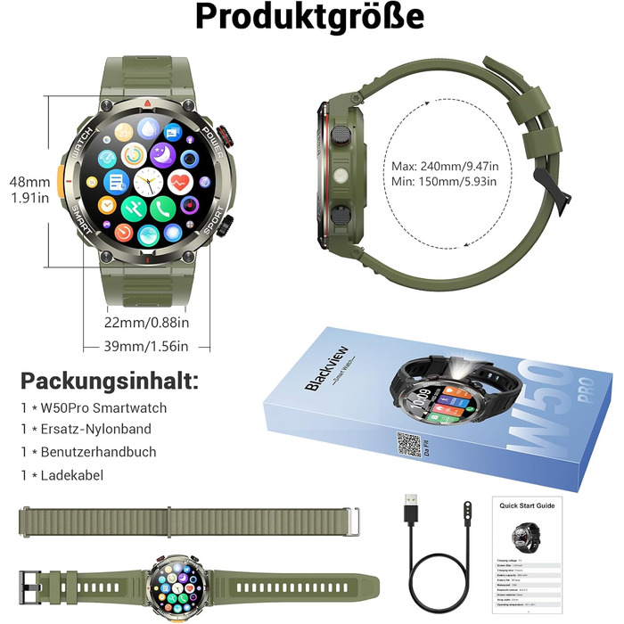 Смарт-годинник Blackview Army Green: IP68, 100 днів автономії, компас, Bluetooth-дзвінки, моніторинг серця та сну, 100+ спортивних режимів, сумісний з Android/iOS