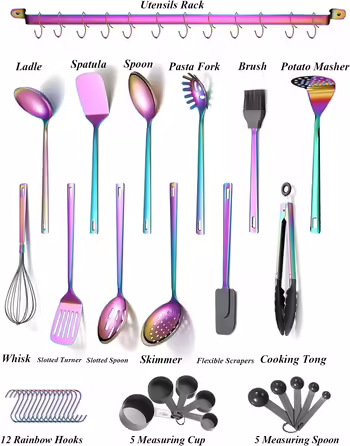 Kyraton Rainbow Kitchen Utensils Set - 37 Piece Stainless Steel Kitchen Helper Set with Titanium Rainbow Coating, Kitchen Tool Set with Utensil Holder, Cooking Spoon Set Dishwasher Safe