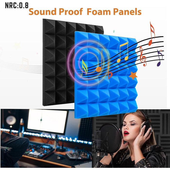 Самоклеючі акустичні панелі з шумопоглинаючого поролону 48 шт, звукоізоляційні пірамідні плити для студії та офісу, чорні, 30x30x2.5см та 30x30x5см