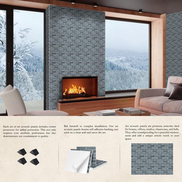 Акустичні панелі JBER самоклейні для звукоізоляції, шумопоглинаючі стінові панелі «цегляний» для студії, геймерської кімнати та офісу, 30x30x1 см, 12 шт, колір чорний крейда