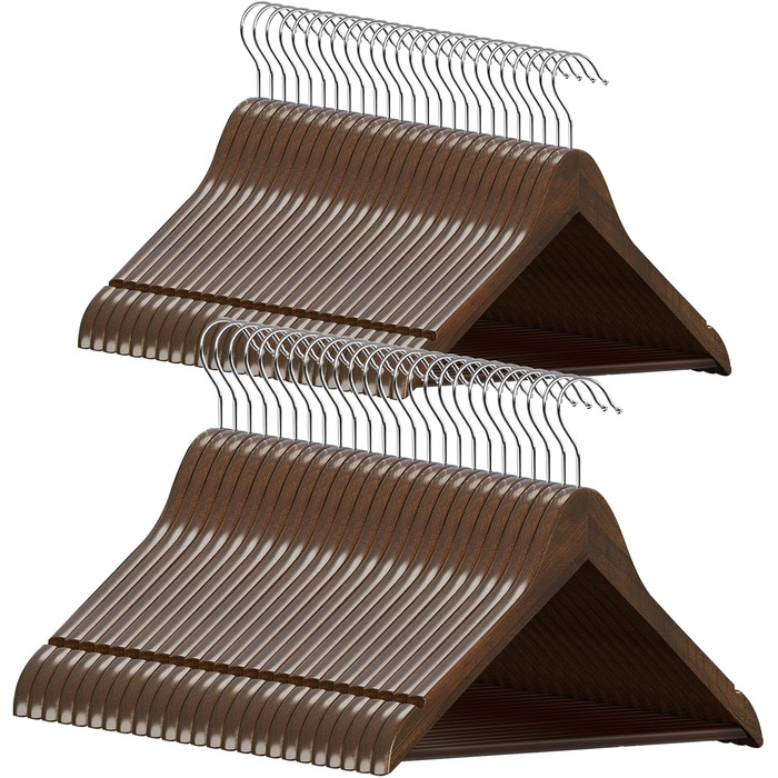 Дерев'яні вішалки для одягу 50 шт. з антиковзним вигином для штанів та поворотним гачком, з вирізами для плечей, з натурального дерева, колір темний горіх, AWY0350H