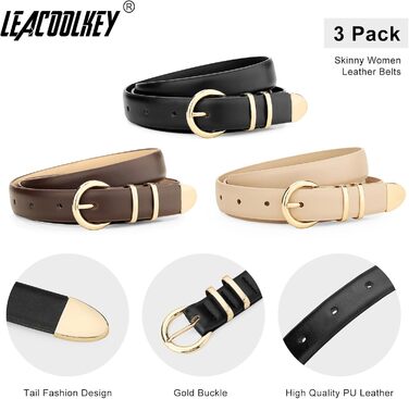 LEACOOLKEY 3 шт. жіночі тонкі шкіряні ремені для джинсів, суконь, вінтажні ремені з золотистою та сріблястою пряжкою (100 см), розмір талії 66-76 см, колір: чорний, кавовий, бежевий (глянцеве золото)