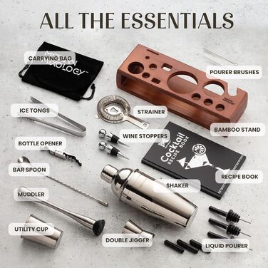 Набір для коктейлів Modern Mixology 21 предмет, стійка, професійний барний набір: шейкер, мірний стакан, ситечко, ложка, пінцет, відкривачка, мадлер (срібний, темно-коричневий)