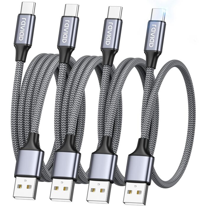 Кабель USB-C RAVIAD [4 шт. 0.5м, 1м, 2м, 3м] 3.1A, швидка зарядка, нейлон, для iPhone, Samsung, Huawei, сірий