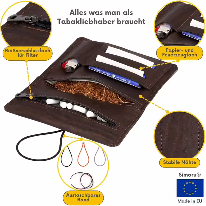 Durable Cork Corkscrew Pouch Sustainable & Vegan Cigarette Case/Tobacco Pouch with Replaceable Closure and Practical Extra Pockets - Water-Repellent and Robust