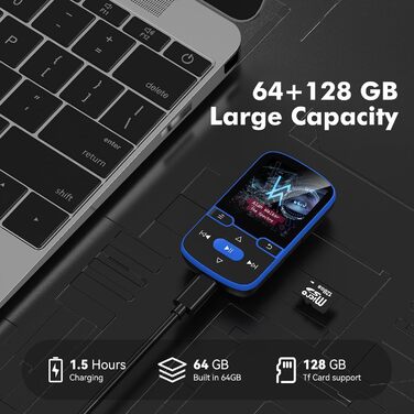 MP3 плеєр Bluetooth 5.3 з кліпсою, HiFi плеєр для спорту та дітей, 64GB, FM-радіо, диктофон, крокомір, екран 1.5