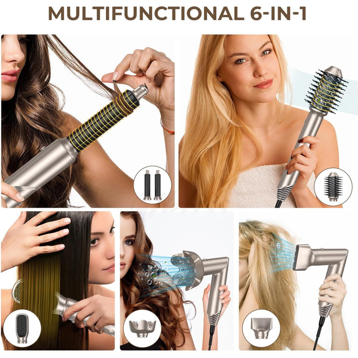 UKLISS 6-в-1 Аirstyler: Іонський фен-щітка з насадкою для локонів, дифузором та щіткою для волосся. Золотий колір. 6-в-1 для створення різноманітних зачісок.