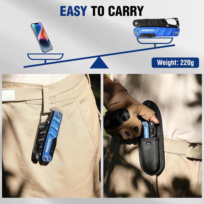 Мультитул WORKPRO 11-в-1: мультиінструмент з нержавіючої сталі з карабіном, плоскогубцями, інструментом для обрізки кабелю, відкривачем пляшок, викрутками. Підходить для активного відпочинку та повсякденного використання. У комплекті – зручна сумка.