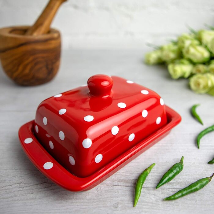 City to Cottage - Butterdose Keramik | Red and White | Polka Dots | Handmade | 250 gram ceramic butter dish with lid