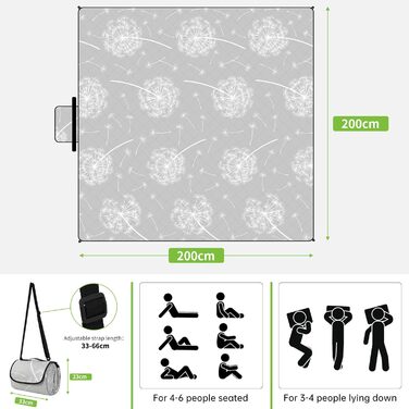 Пікнікова ковдра Aptliton 200x200 см, велика водонепроникна, з 4 кілочками, для кемпінгу, парку, саду, пляжу, машинного прання, складна, сірий молочай