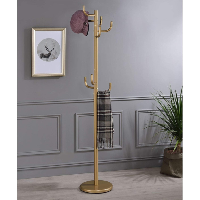 IDIMEX Clothes Rack Mila made of metal, a practical coat rack with 8 hooks. Timeless hat stand with round plate base (Gold)