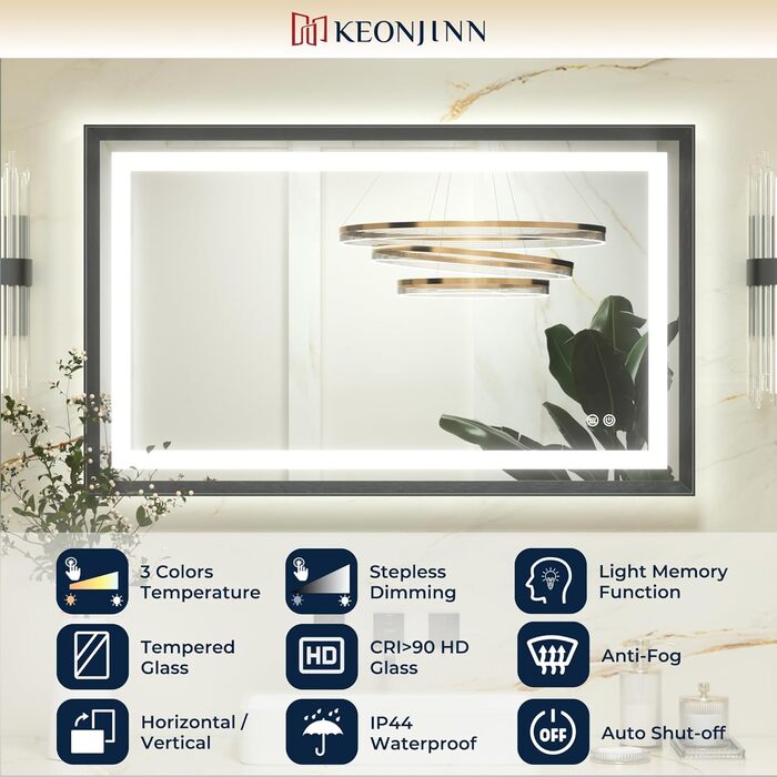 Дзеркало для ванної кімнати Keonjinn з підсвічуванням, чорний металевий каркас 60x80 см, антизапітніння, LED, сенсорне управління, 3 кольори світла, регулювання яскравості, функція пам'яті, настінне дзеркало